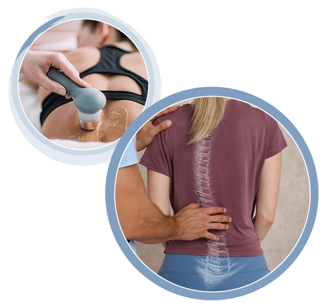 Two Circles Showing A Spine Diagram And Softwave Therapy